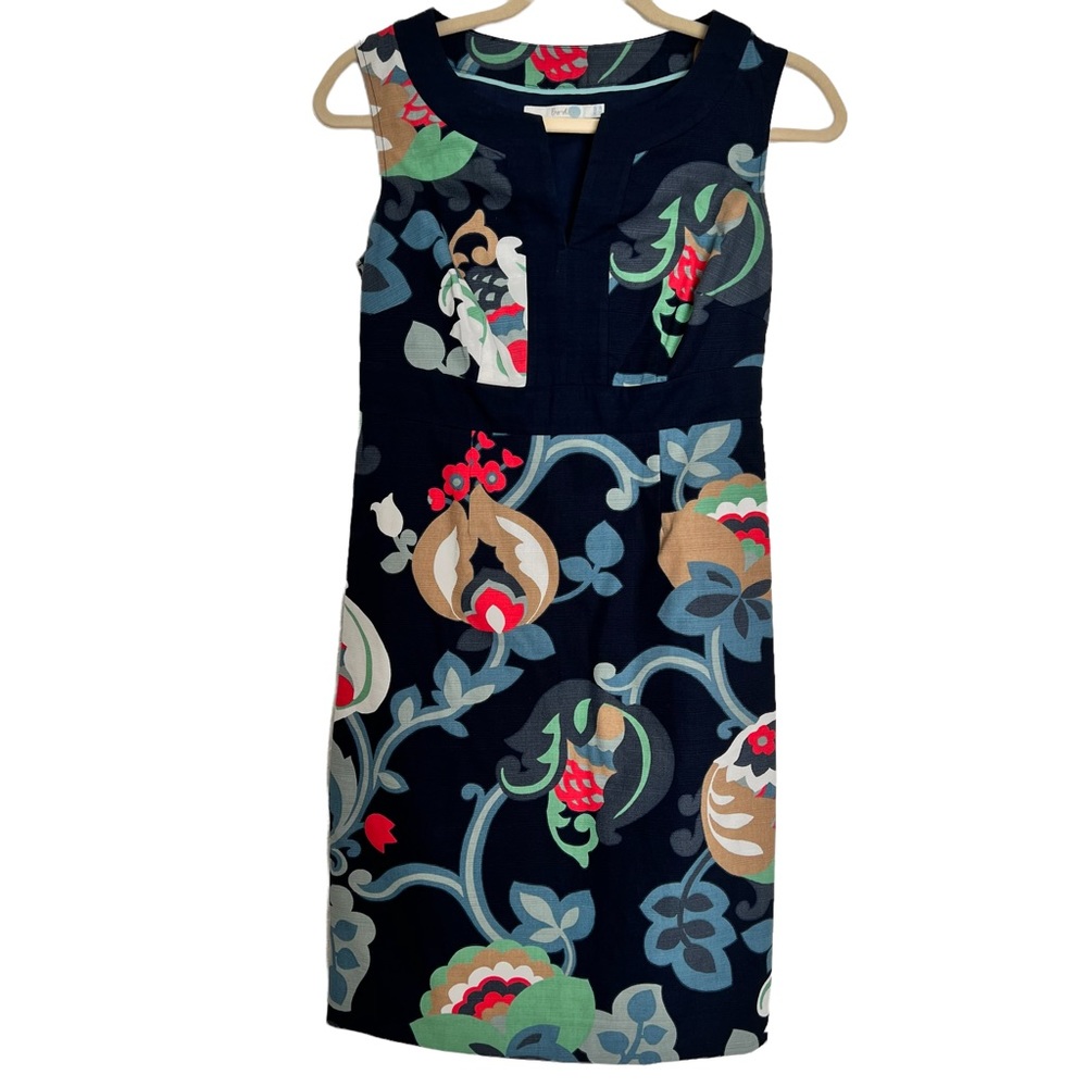 Boden Dress Navy Blue Red Tan Floral 2 Petite Sleeveless Sheath Notch Neckline